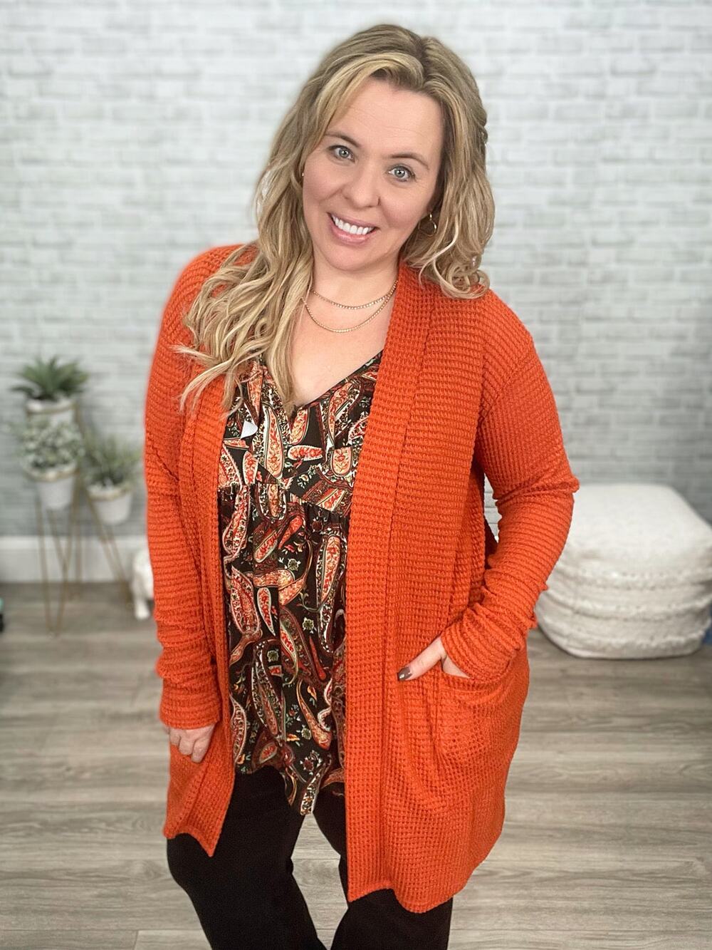 OS PLUS (1X, 2X, 3X) Blakeley Rust Lola Waffle Knit Cardigan with Pockets